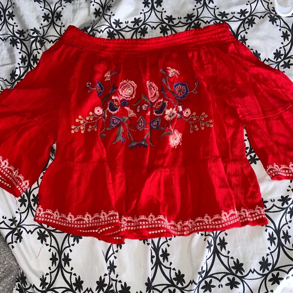 Long sleeve red off the shoulder top